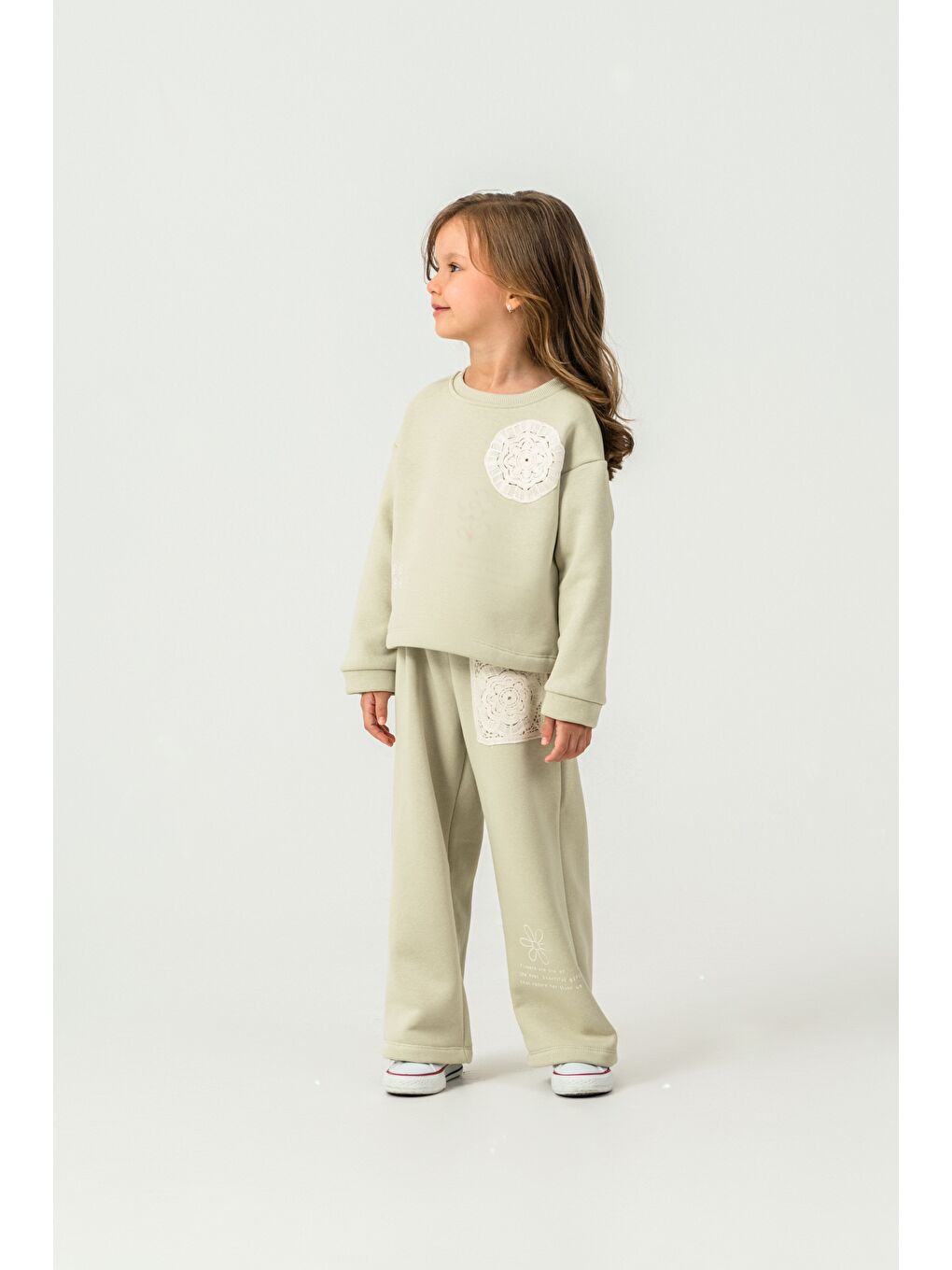 Yeşil Kız Çocuk 3 İplik Kumaş İspanyol Paça Eşofman Takımı-1