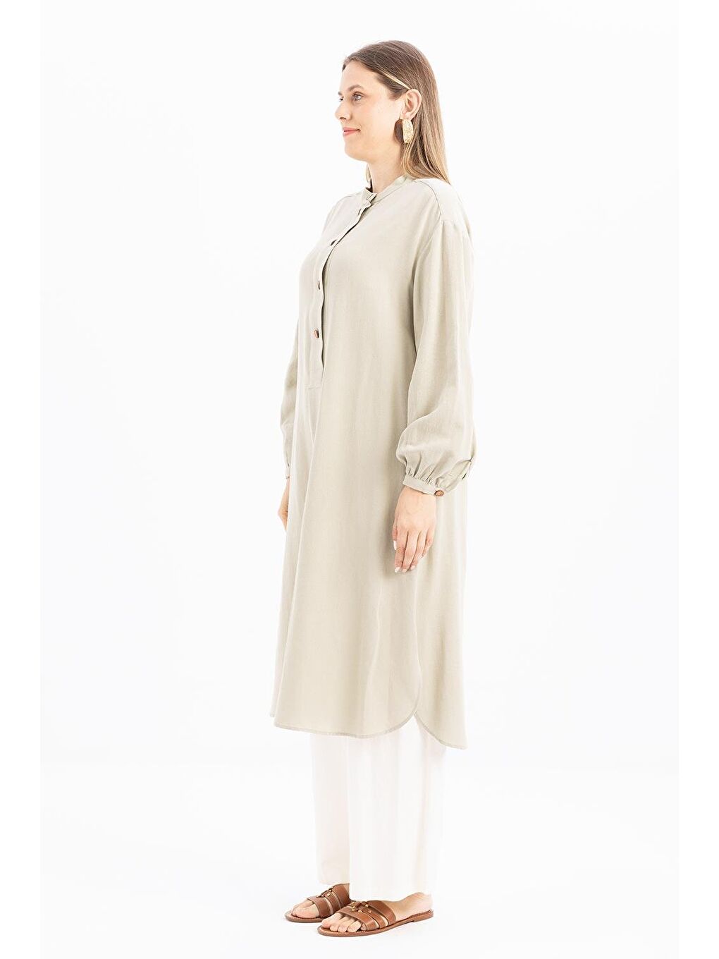 Yeşil Defne-Yarım Patlı Yırtmaçlı Keten Tunik-2