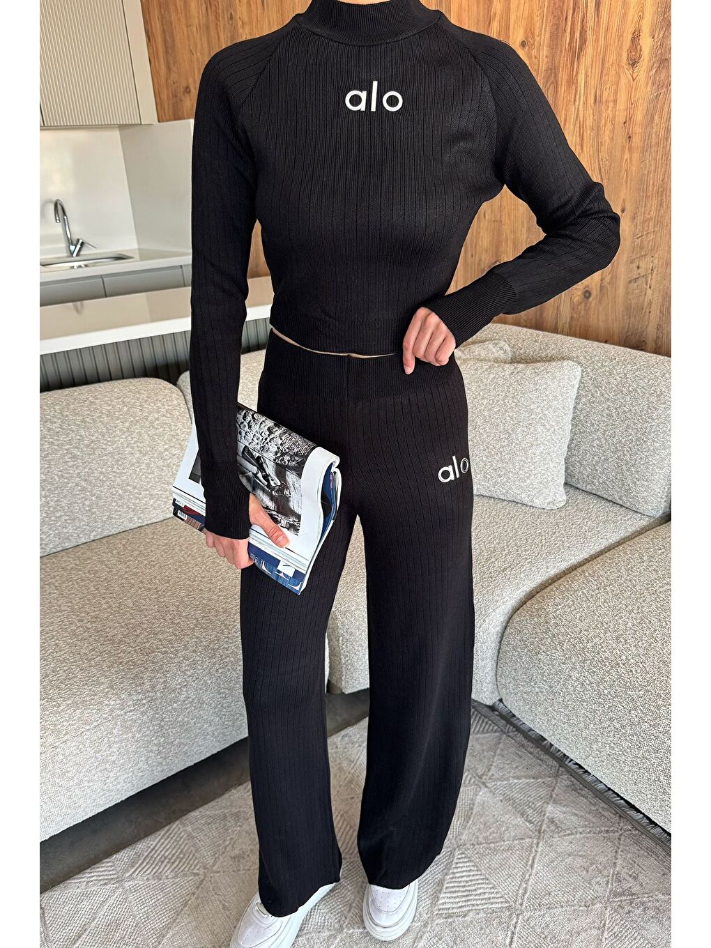 Siyah Kadın Kendinden Çizgi Desenli Triko Bluz Pantolon İkili Takım (s-m-l Beden Uyumludur.)-2