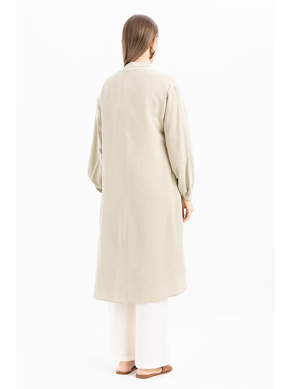 Yeşil Defne-Yarım Patlı Yırtmaçlı Keten Tunik-3