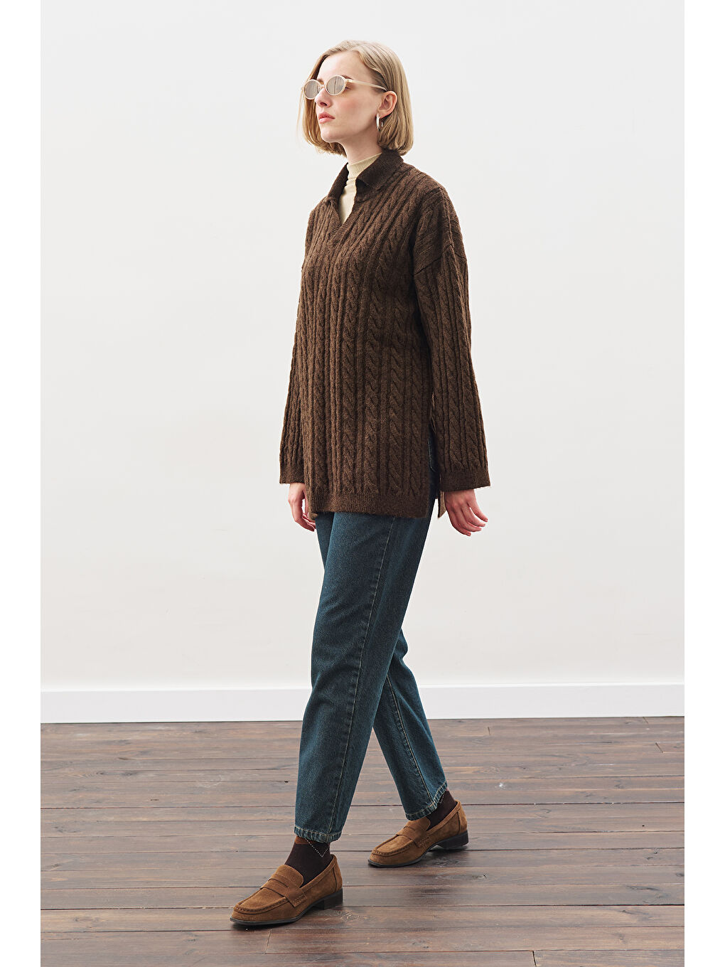 Yakalı Saç Örgü Kazak Kahverengi-5