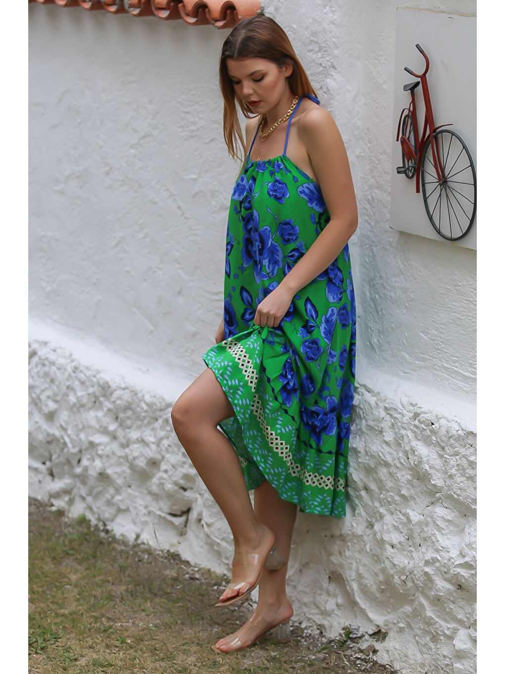 Mavi-Yeşil Boyundan Bağlamalı Etek Ucu Fırfırlı Allover Baskılı Dokuma Casual Elbise-2