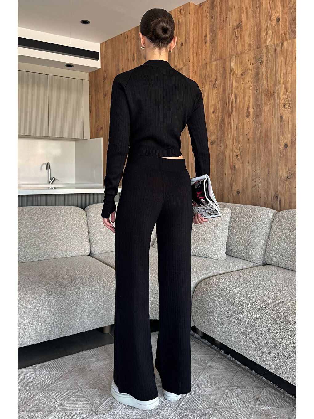 Siyah Kadın Kendinden Çizgi Desenli Triko Bluz Pantolon İkili Takım (s-m-l Beden Uyumludur.)-3