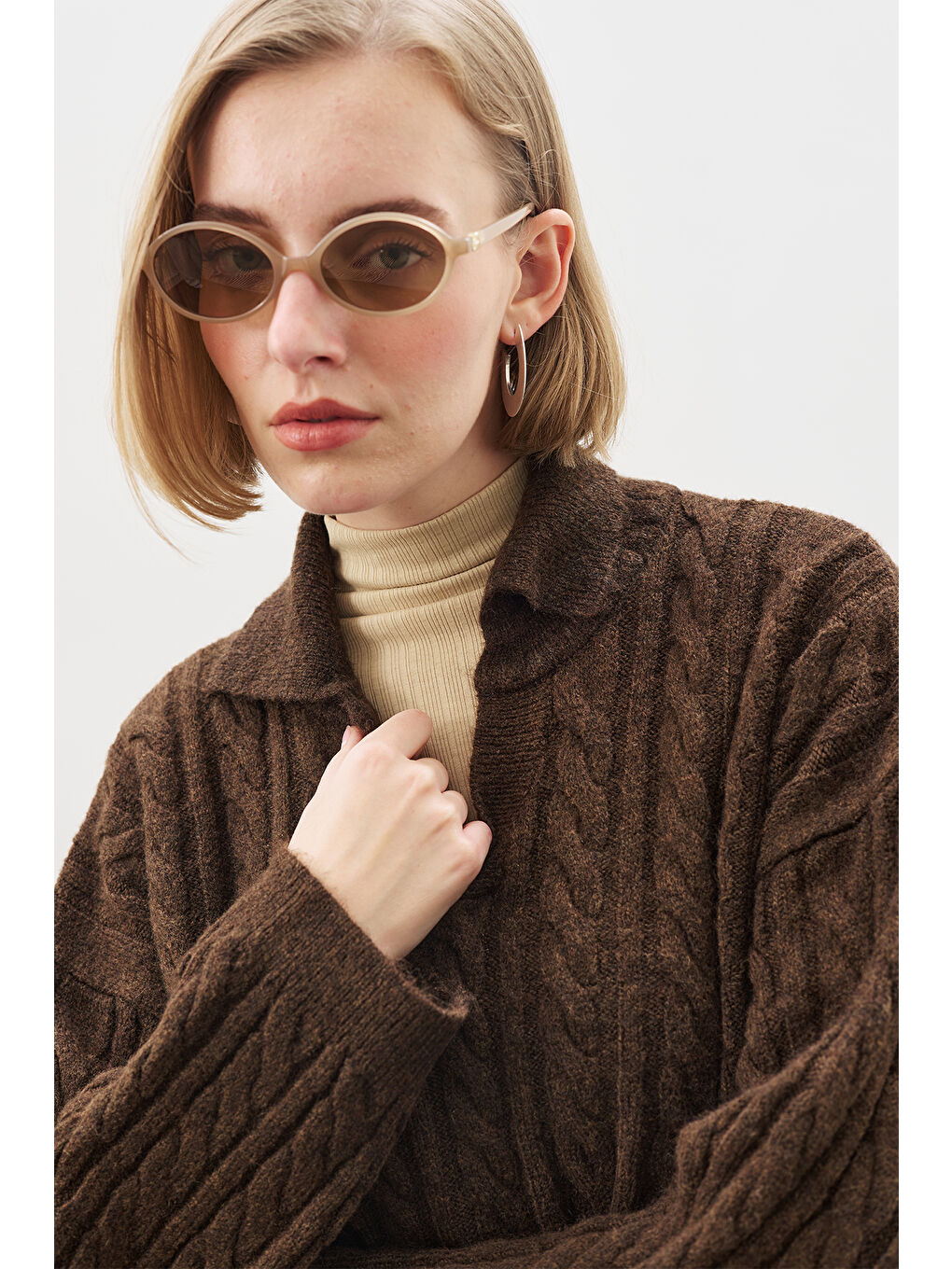 Yakalı Saç Örgü Kazak Kahverengi-6