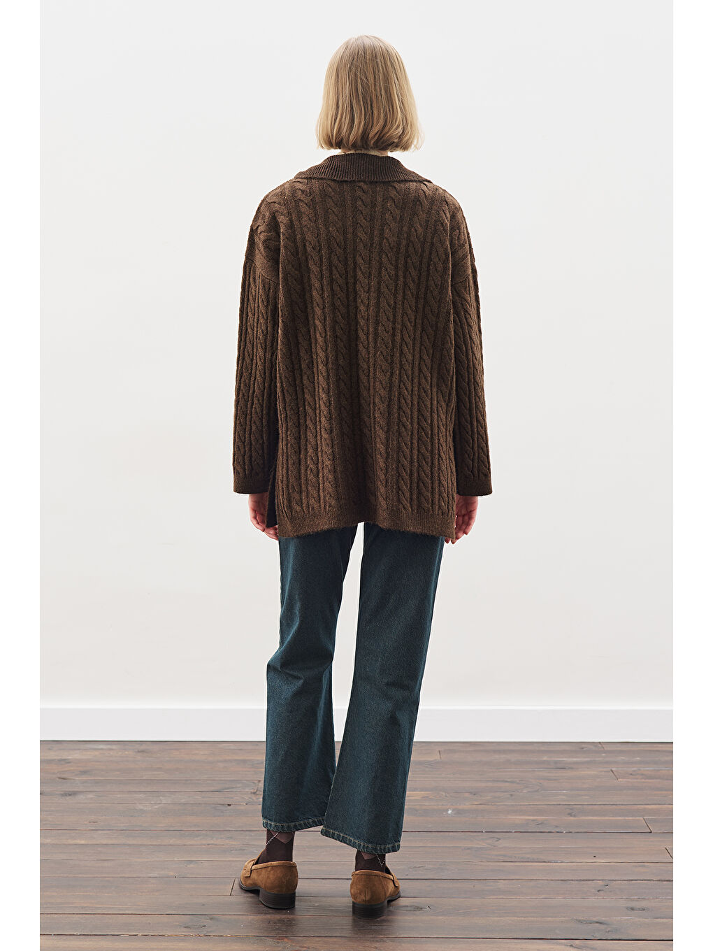 Yakalı Saç Örgü Kazak Kahverengi-7