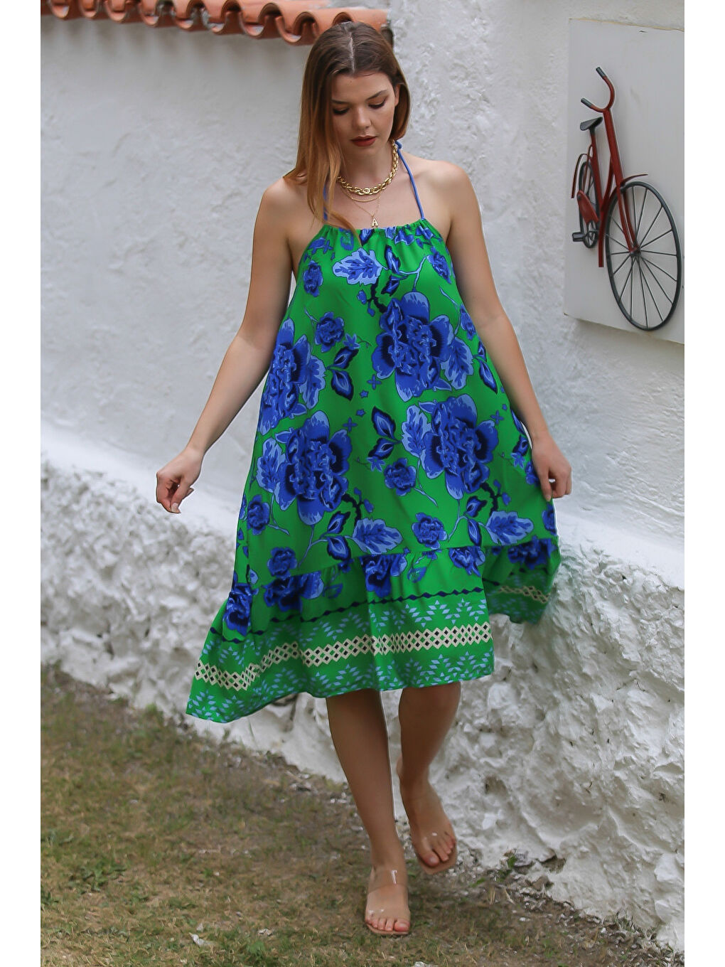Mavi-Yeşil Boyundan Bağlamalı Etek Ucu Fırfırlı Allover Baskılı Dokuma Casual Elbise-3