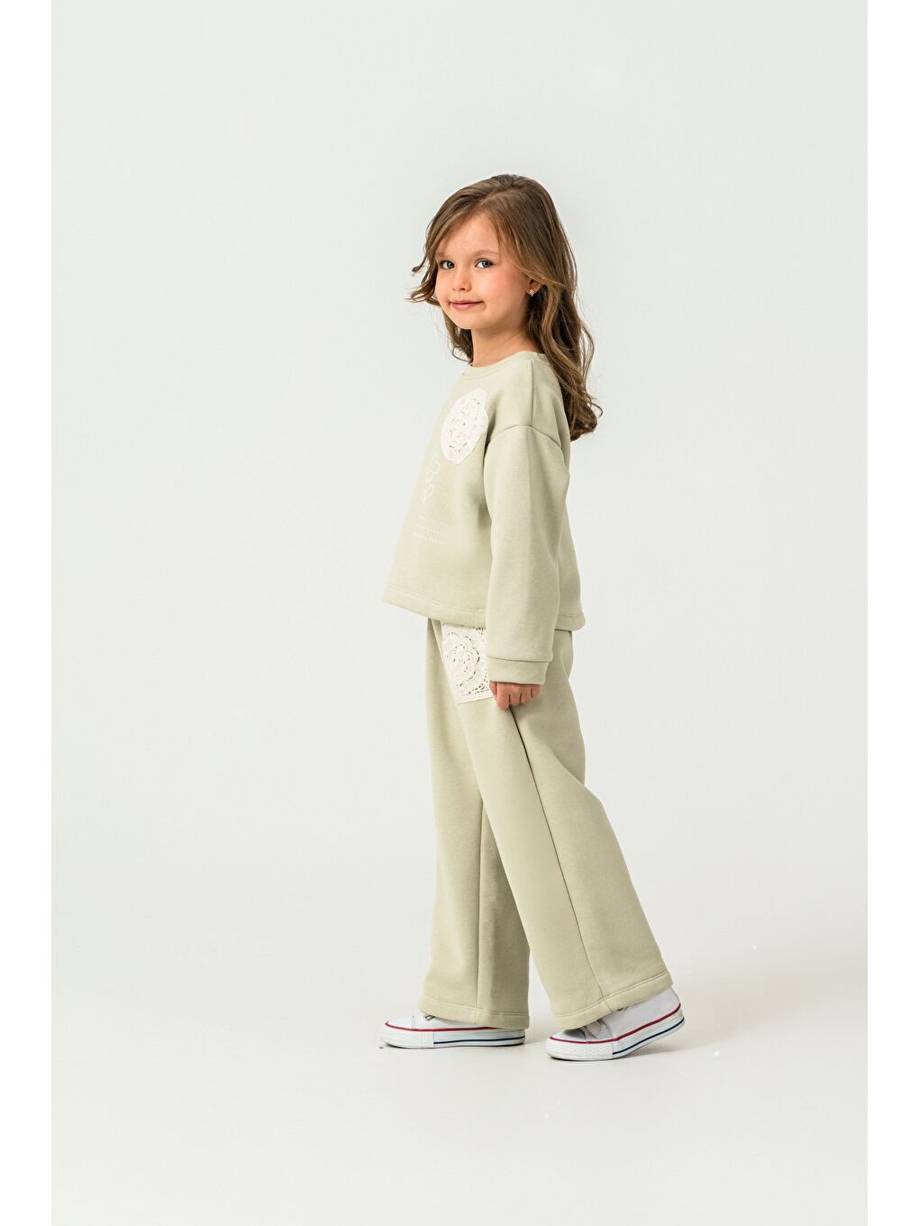 Yeşil Kız Çocuk 3 İplik Kumaş İspanyol Paça Eşofman Takımı-2