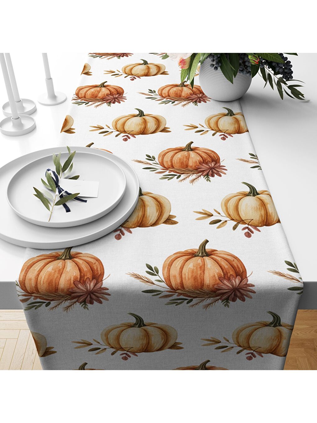 Karışık Sonbahar Desenli 40x140 cm Kadife Masa Örtüsü Runner-1