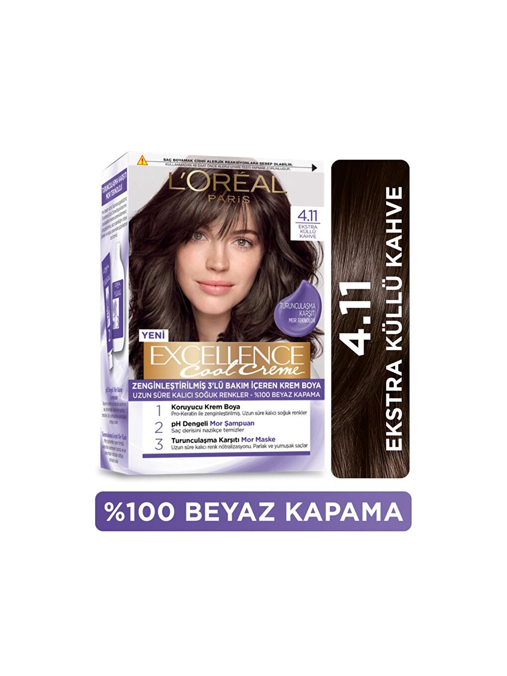 L'Oreal Paris Kahverengi Excellence Cool Creme Saç Boyası – 4.11 Ekstra Küllü Kahve