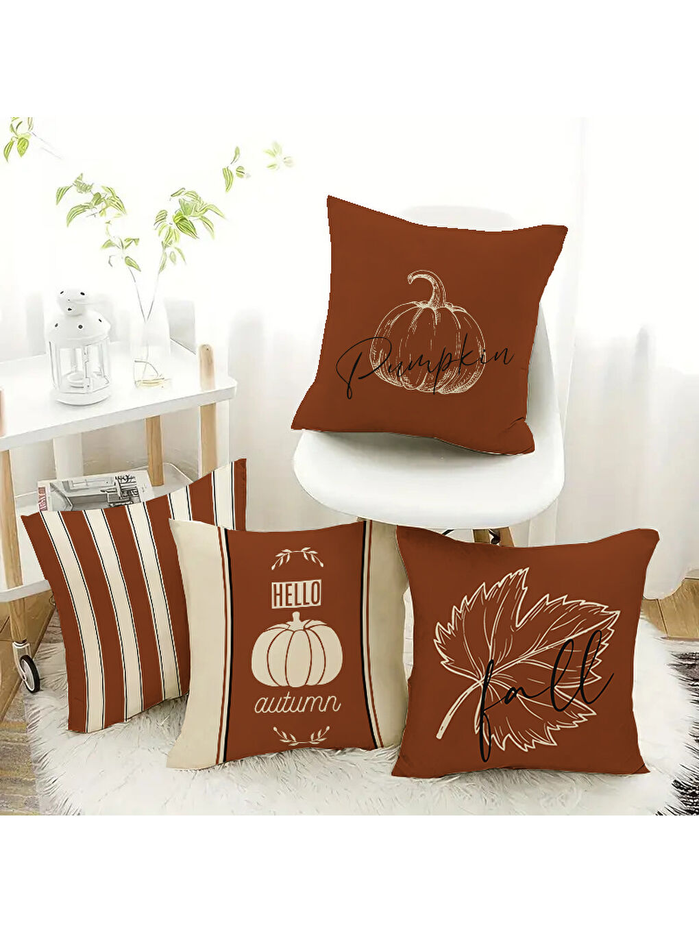 Karışık Çift Taraf Baskılı Kadife Doku Sonbahar Desenli 4'lü Kırlent Seti