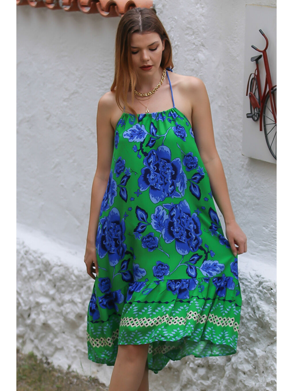 Mavi-Yeşil Boyundan Bağlamalı Etek Ucu Fırfırlı Allover Baskılı Dokuma Casual Elbise-4