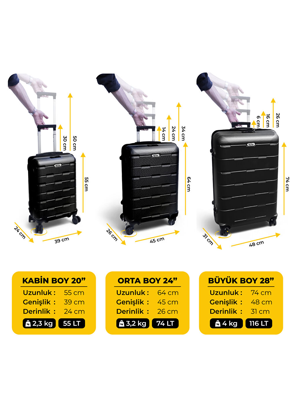 Moods Up 3'lü Valiz Seti, TSA Kilitli, ABS Gövde, Siyah-2