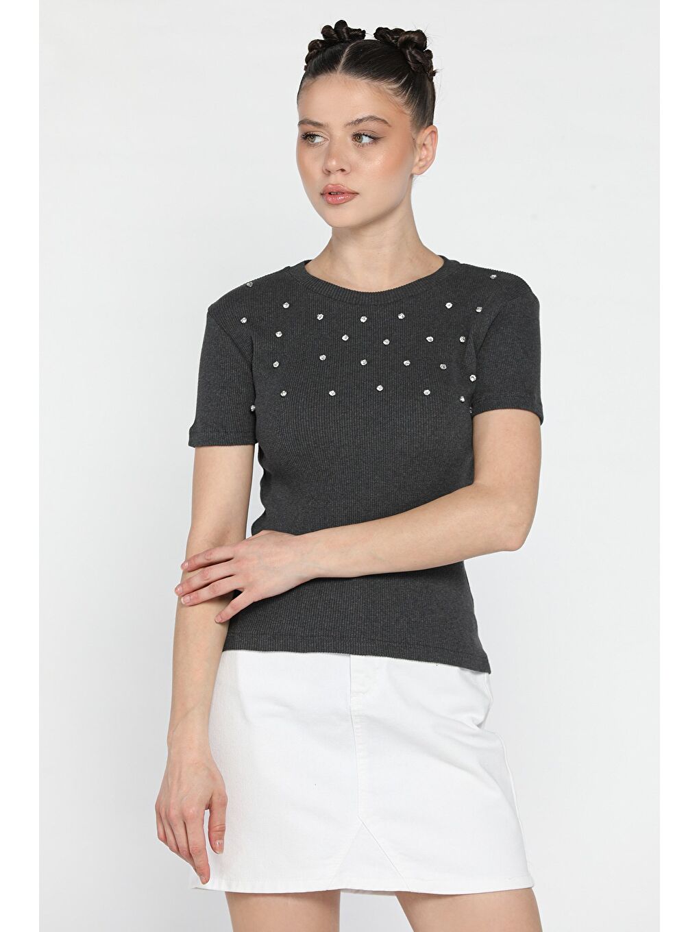 Gri Taşlı Kadın Kaşkorse Bluz-1