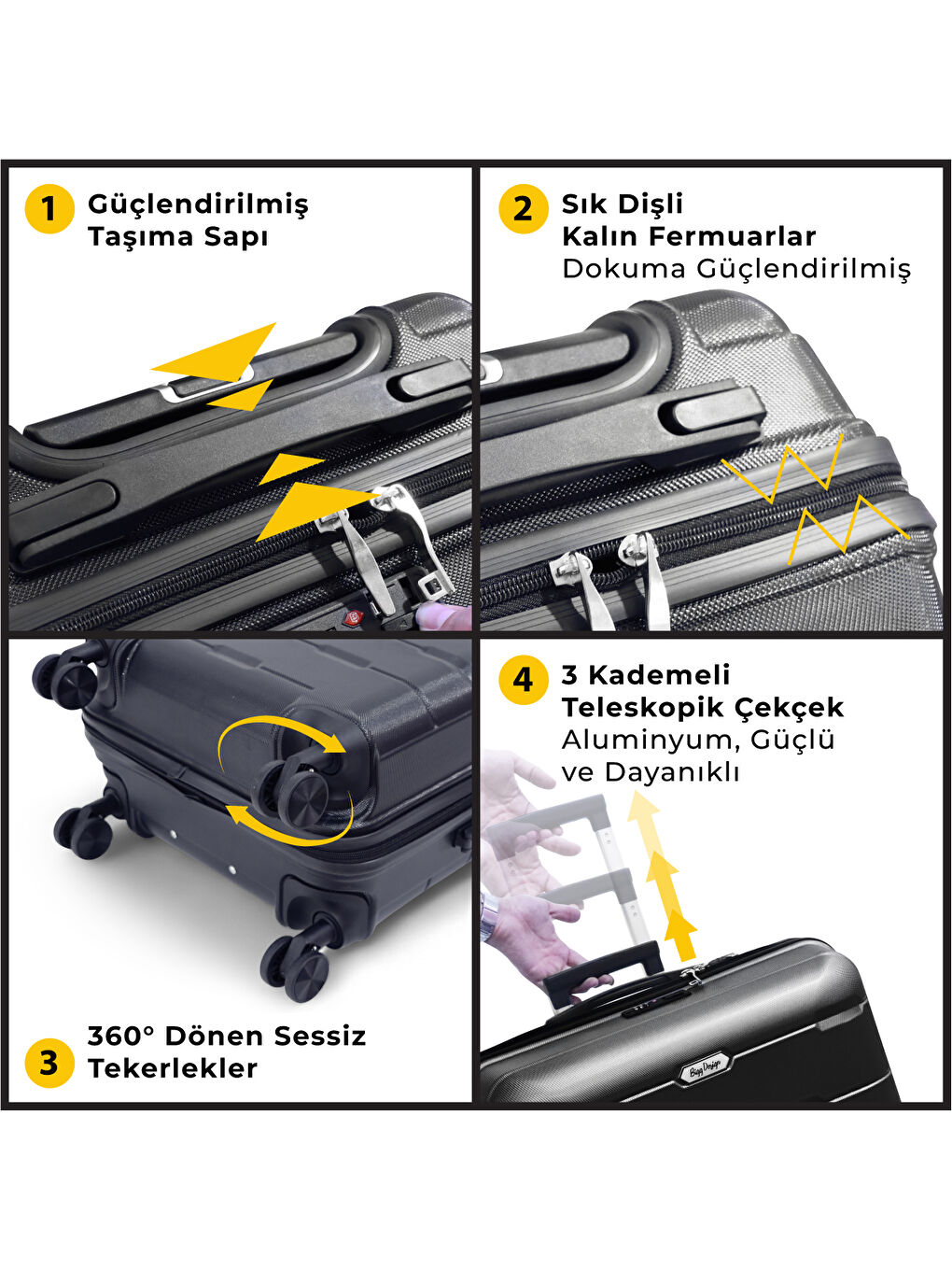 Moods Up 3'lü Valiz Seti, TSA Kilitli, ABS Gövde, Siyah-3
