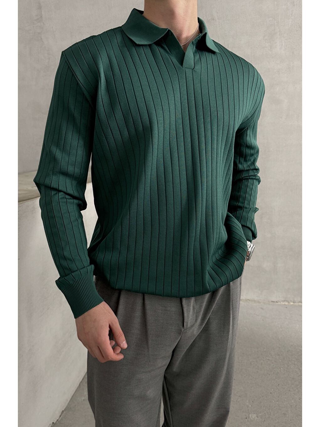 Petrol Erkek Polo Yaka Fitilli Oversize Triko Kazak-1