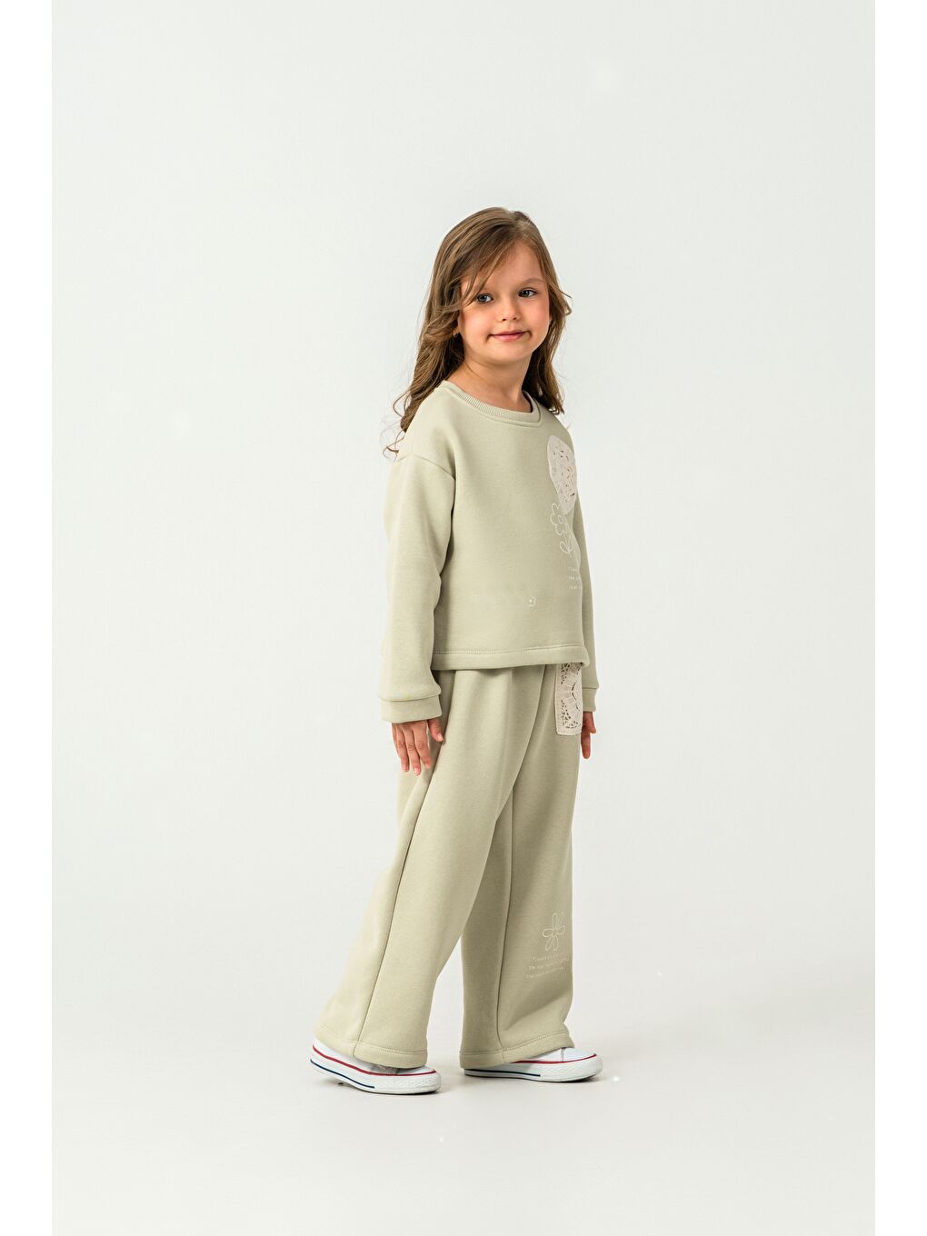 Yeşil Kız Çocuk 3 İplik Kumaş İspanyol Paça Eşofman Takımı-3