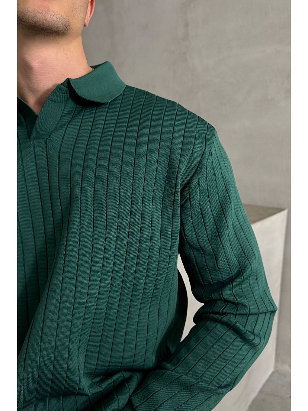 Petrol Erkek Polo Yaka Fitilli Oversize Triko Kazak-2