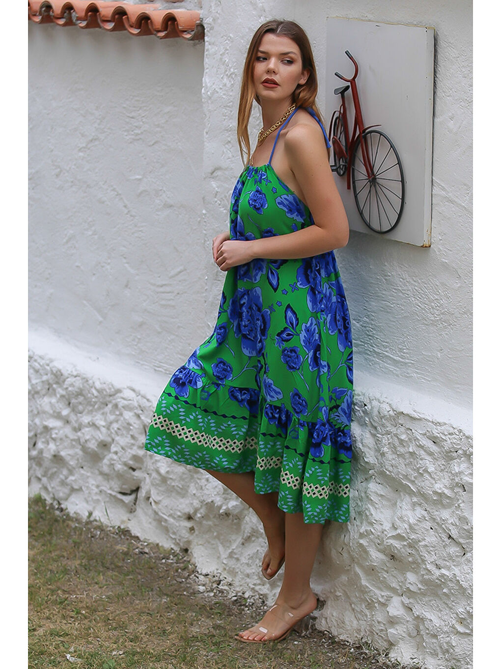 Mavi-Yeşil Boyundan Bağlamalı Etek Ucu Fırfırlı Allover Baskılı Dokuma Casual Elbise-5