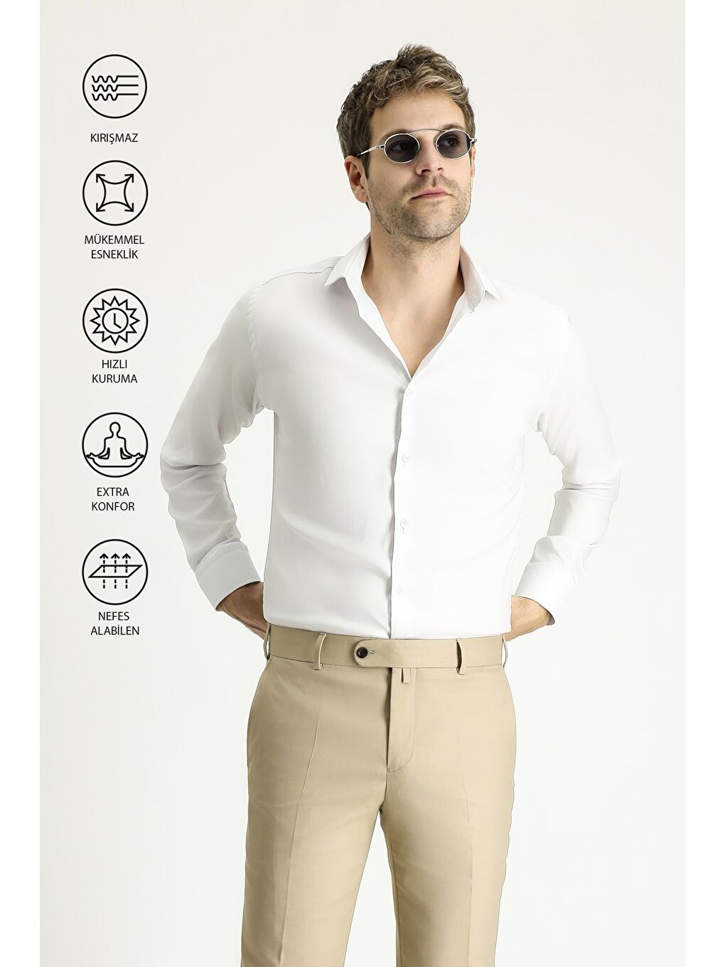 Beyaz Techno-Line Uzun Kol Slim Fit Dar Kesim Klasik Gömlek