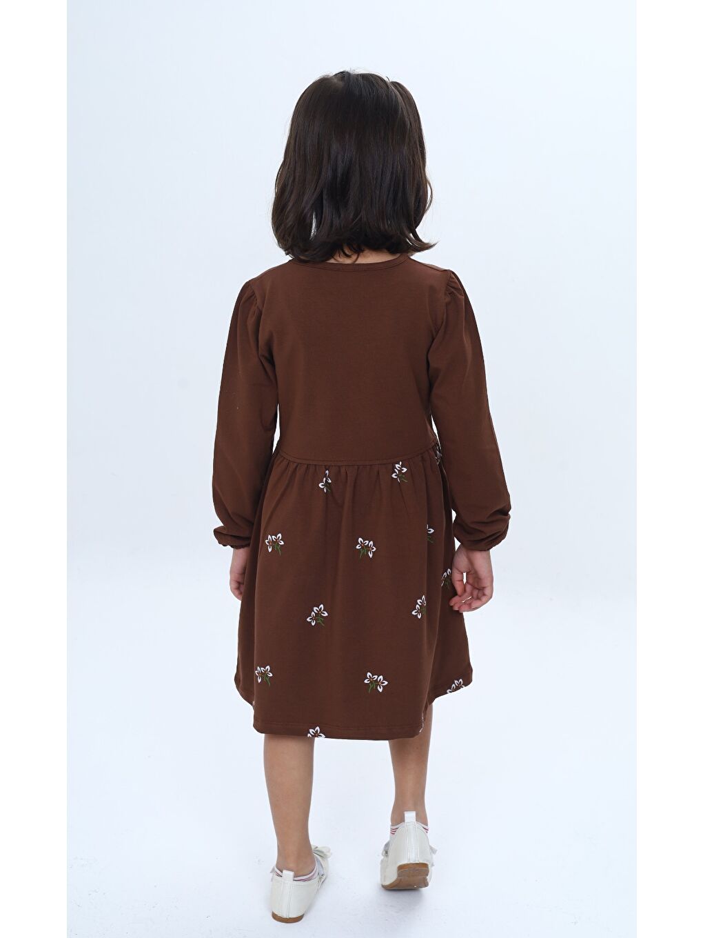 Kahverengi Kız Çocuk Relax Fit Bisiklet Yaka Uzun Kollu Baskılı Elbise-4