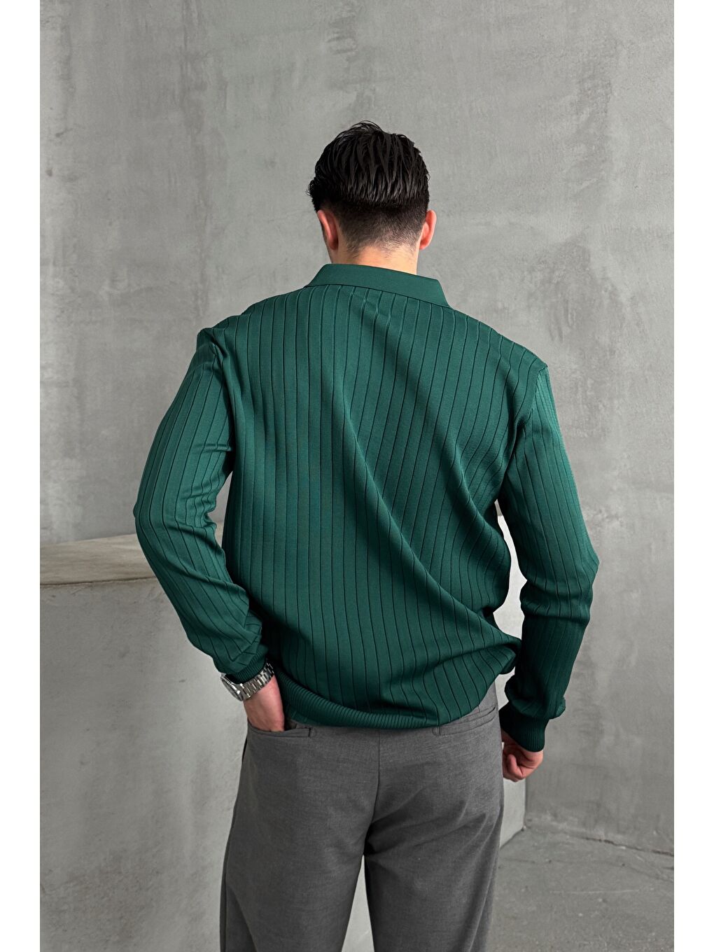 Petrol Erkek Polo Yaka Fitilli Oversize Triko Kazak-3