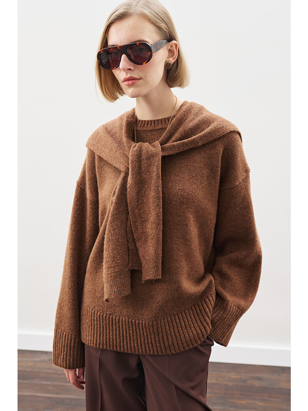 Kahverengi Chunky Oversıze Kazak Sıcak Kahve-3