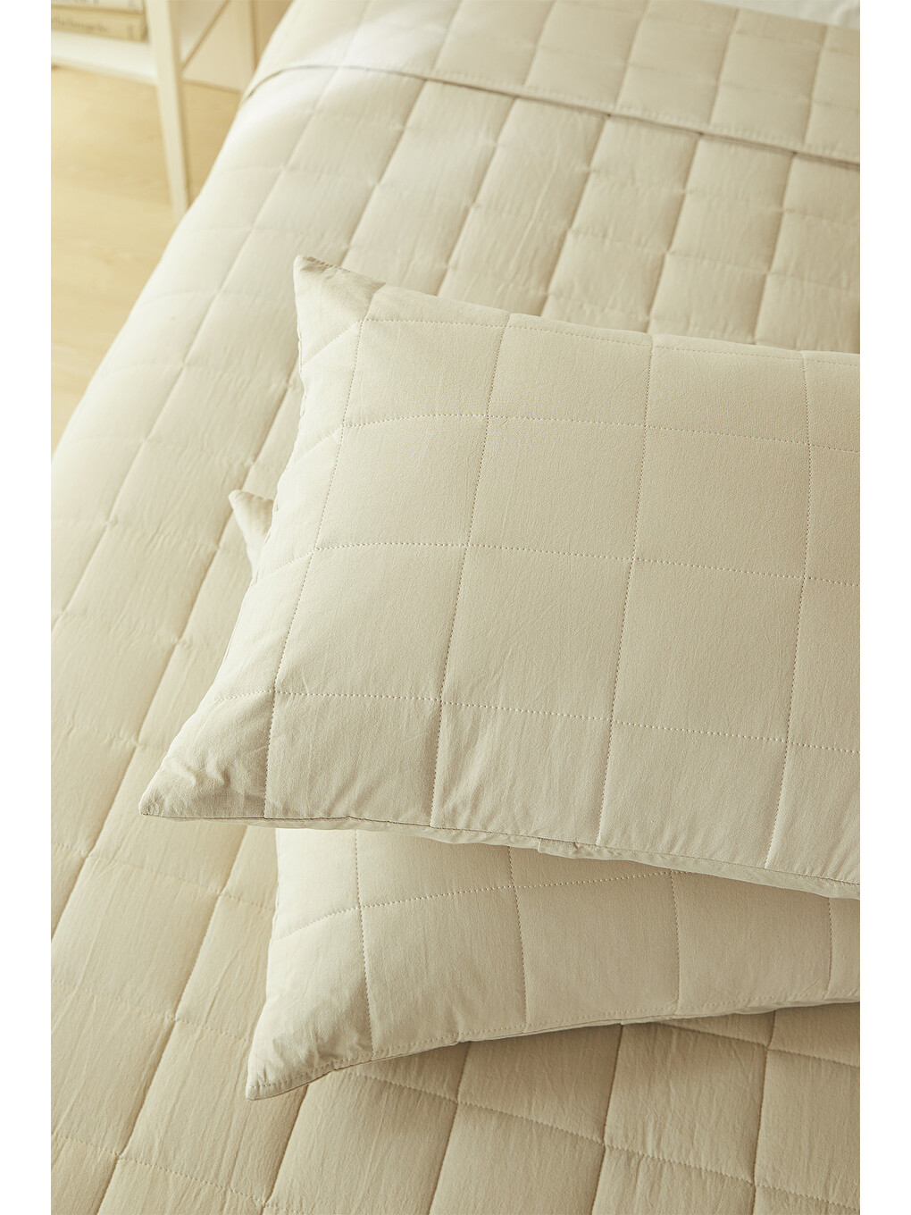 %100 Pamuk Kumaş Kapitoneli Bej Çok Amaçlı Çift Kişilik Yatak Örtüsü Seti 1 Adet 250 X 230 / 2 Adet-1