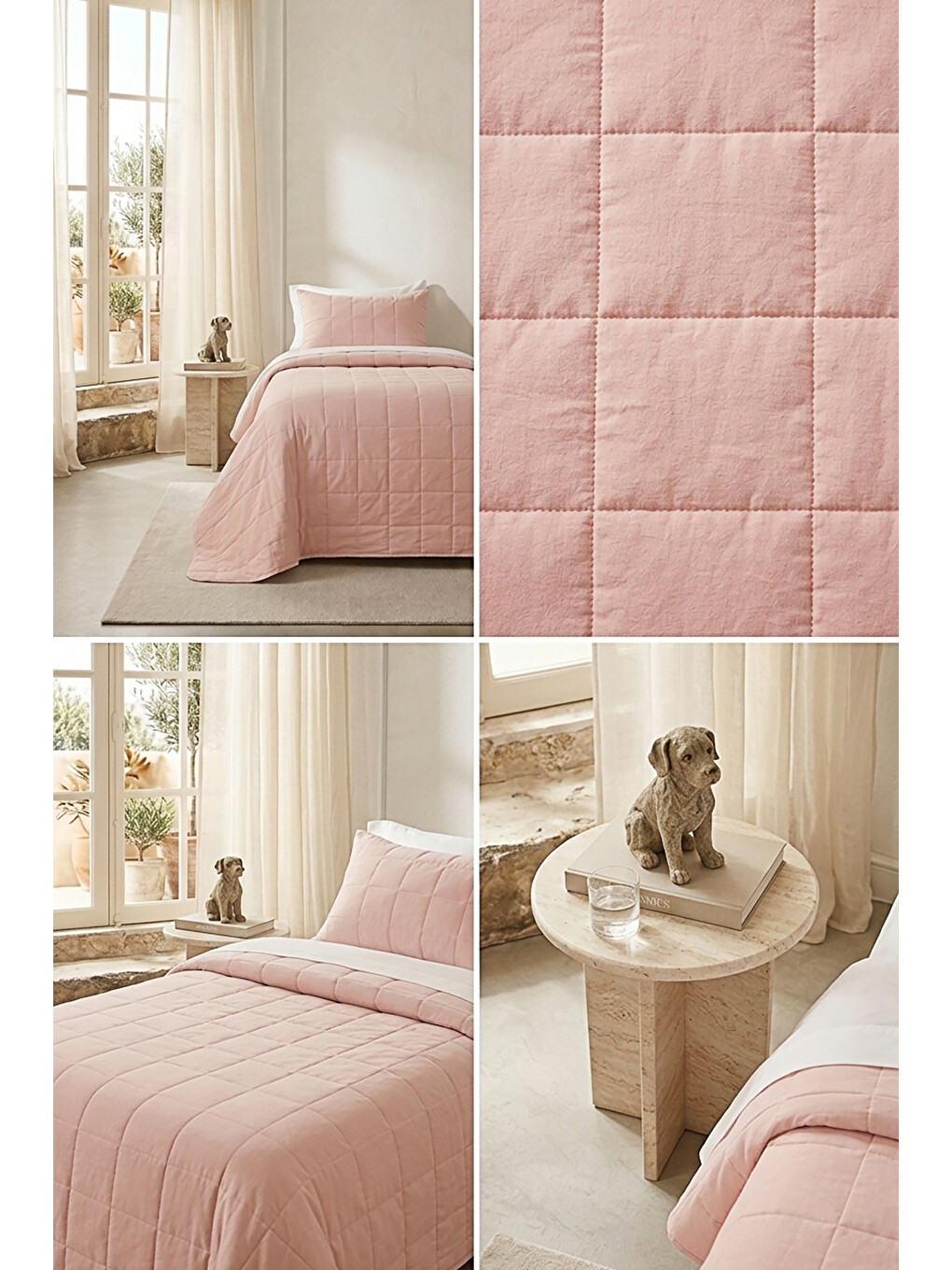 %100 Pamuk Kumaş Kapitoneli Pembe Çok Amaçlı Tek Kişilik Yatak Örtüsü Seti 1 Adet 180 X 230 / 1 Adet-2