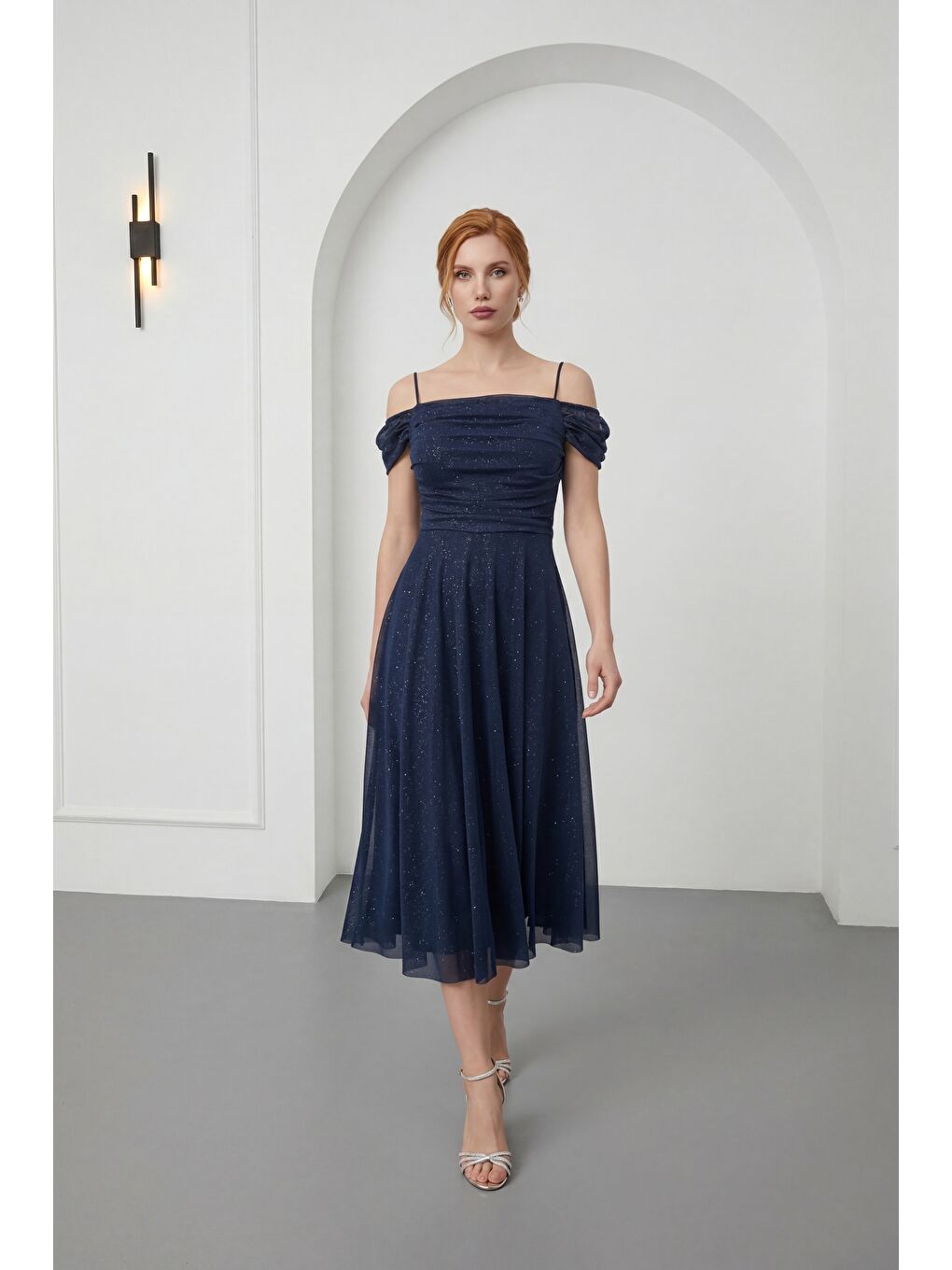 Kadın Lacivert İnce Askılı Simli Midi Söz Nişan Nikah Abiye Elbise-1
