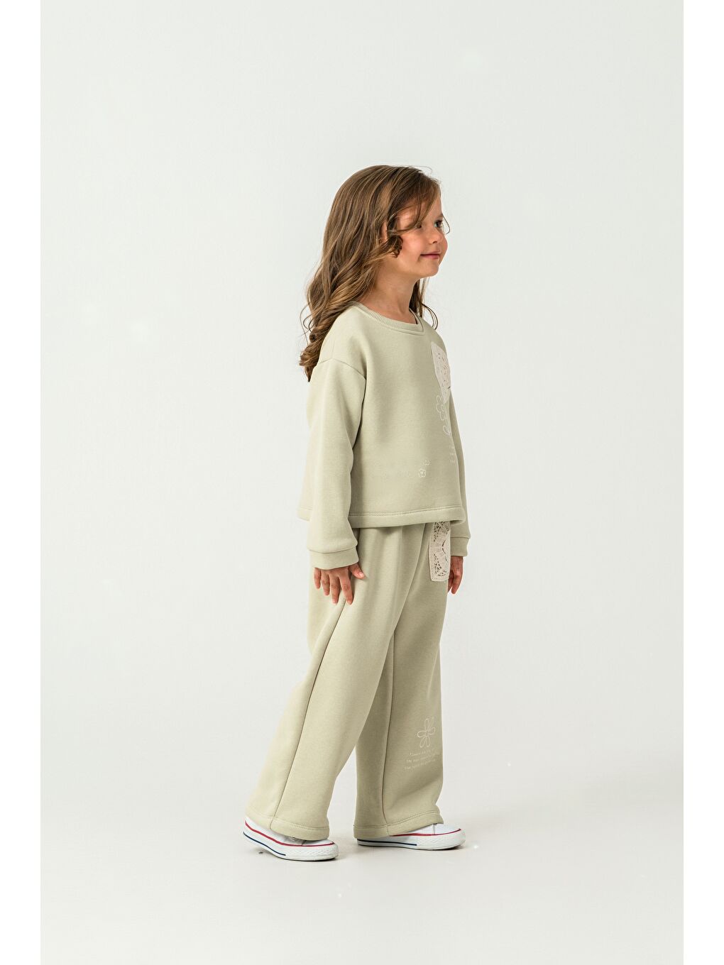 Yeşil Kız Çocuk 3 İplik Kumaş İspanyol Paça Eşofman Takımı-4