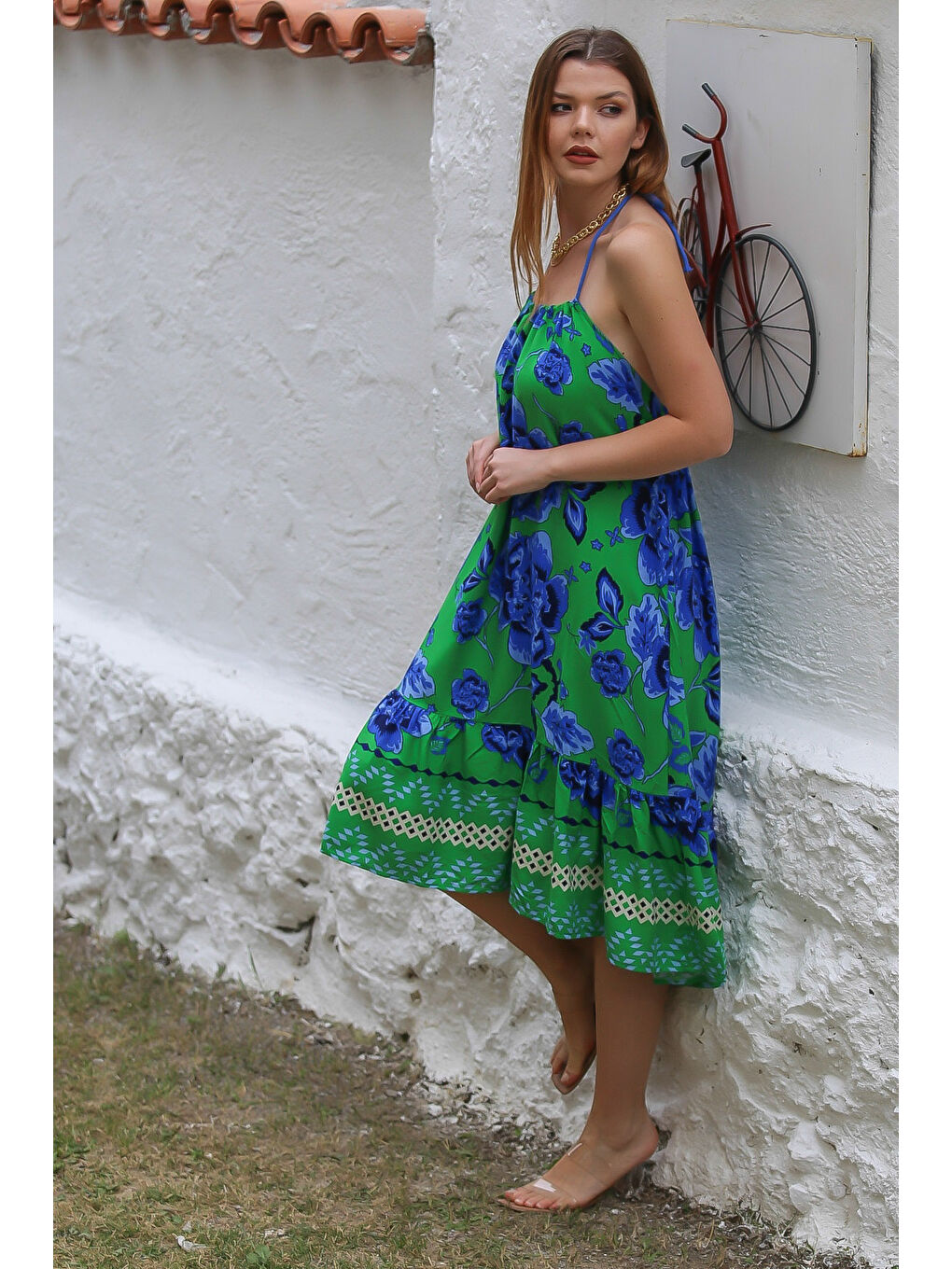 Mavi-Yeşil Boyundan Bağlamalı Etek Ucu Fırfırlı Allover Baskılı Dokuma Casual Elbise-6