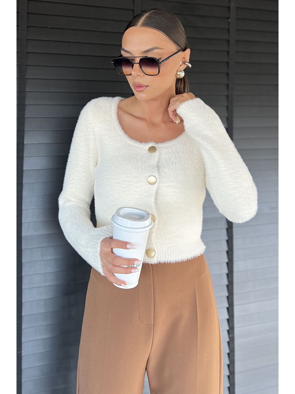 Ekru Şardonlu Kadın Crop Top Triko Hırka (s,m,l,xl Uyumludur)