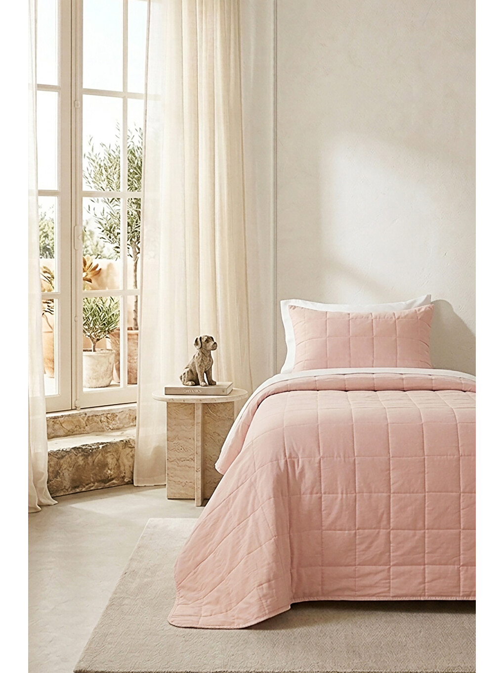 %100 Pamuk Kumaş Kapitoneli Pembe Çok Amaçlı Tek Kişilik Yatak Örtüsü Seti 1 Adet 180 X 230 / 1 Adet-4