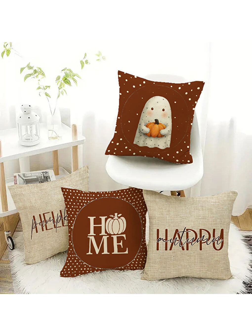 Karışık Çift Taraf Baskılı Kadife Doku Sonbahar Desenli 4'lü Kırlent Seti