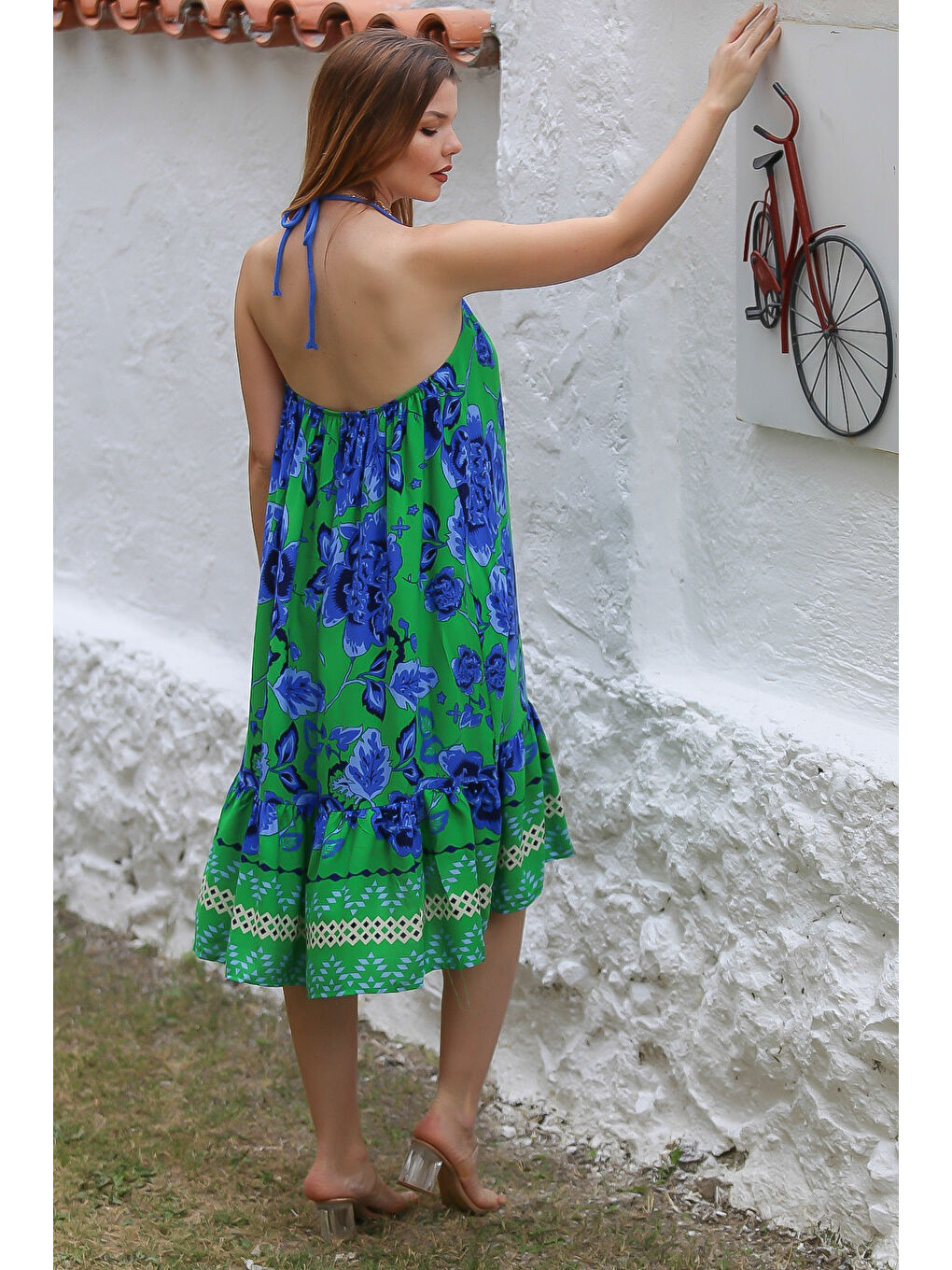 Mavi-Yeşil Boyundan Bağlamalı Etek Ucu Fırfırlı Allover Baskılı Dokuma Casual Elbise-7