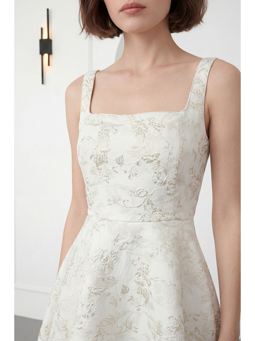 Sarı Kadın Gold Kare Yaka Saten Jakarlı Mini Elbise-2