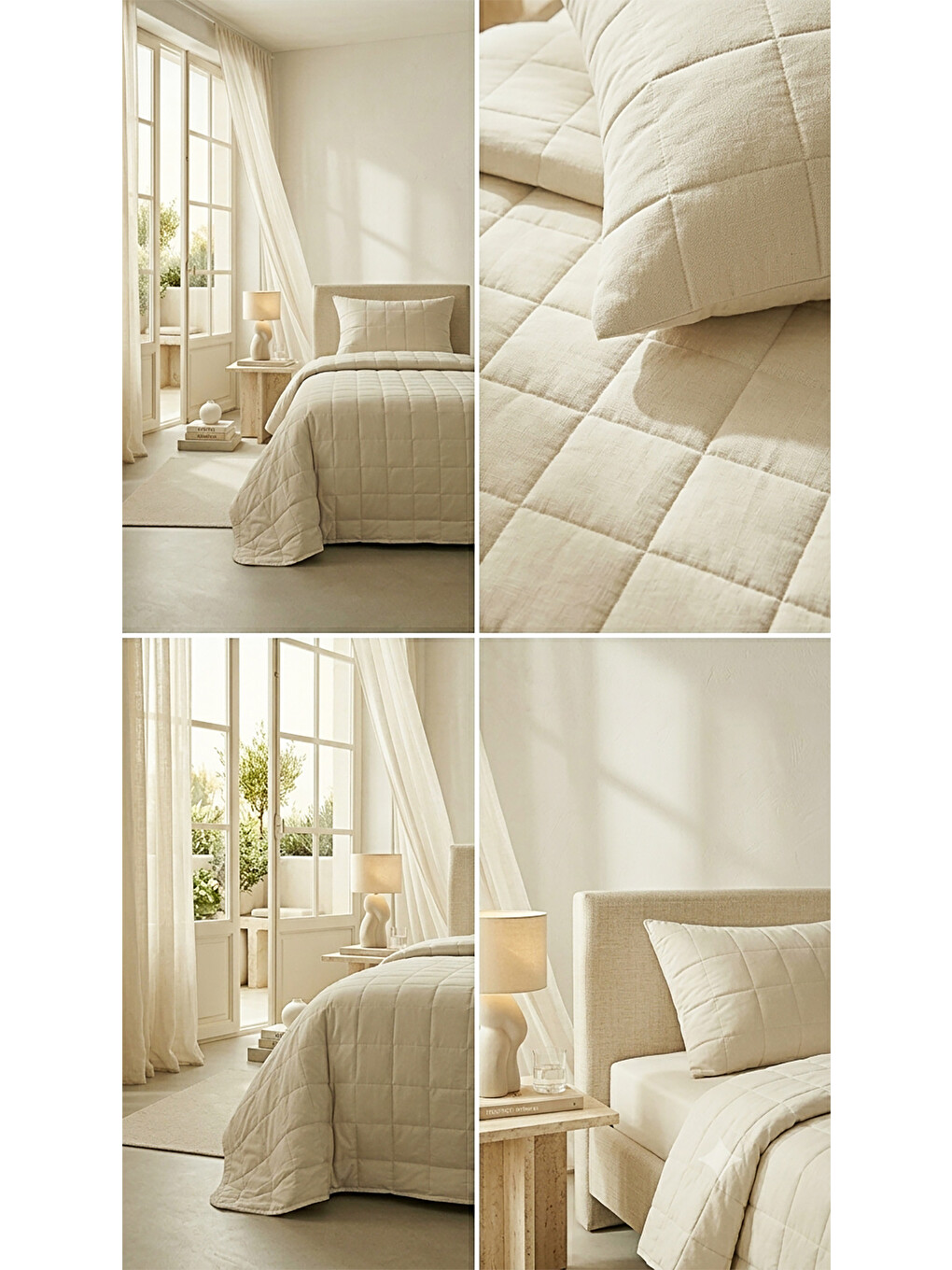 %100 Pamuk Kumaş Kapitoneli Bej Çok Amaçlı Tek Kişilik Yatak Örtüsü Seti 1 Adet 180 X 230 / 1 Adet 5-2