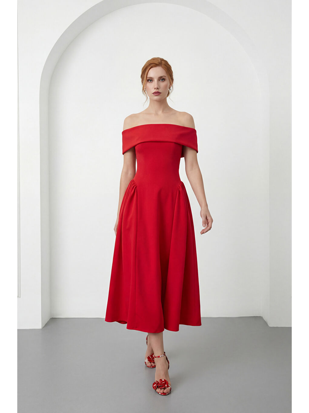 Kadın Kırmızı Kayık Yaka Midi Davet Elbisesi-1