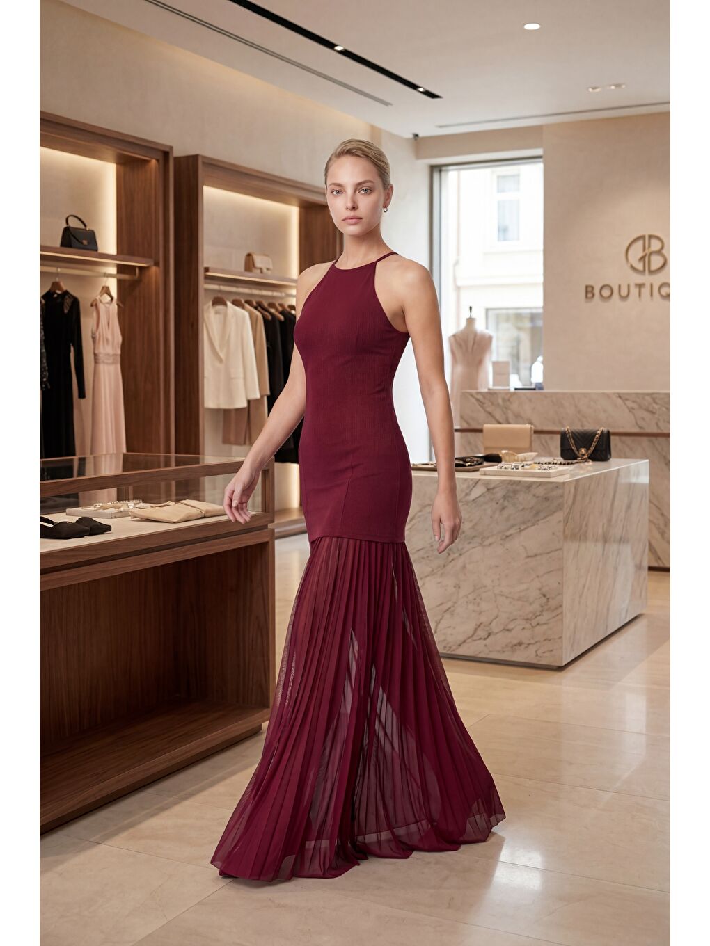 Kadın Bordo Halter Yaka Uzun Mezuniyet Elbisesi-3