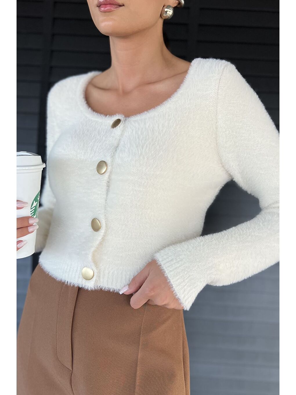 Ekru Şardonlu Kadın Crop Top Triko Hırka (s,m,l,xl Uyumludur)-2