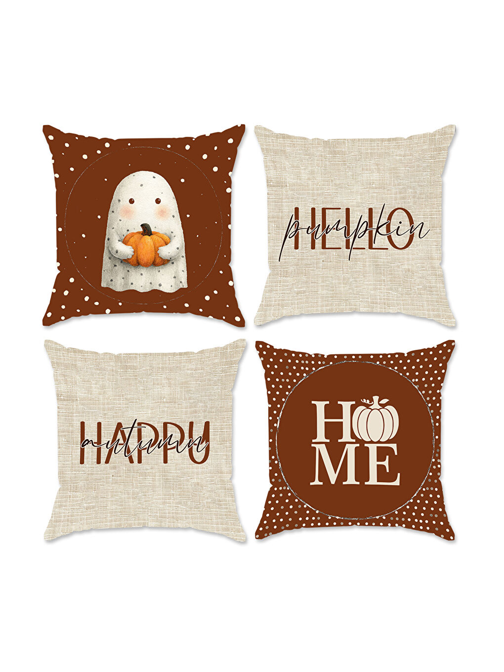 Karışık Çift Taraf Baskılı Kadife Doku Sonbahar Desenli 4'lü Kırlent Seti-1