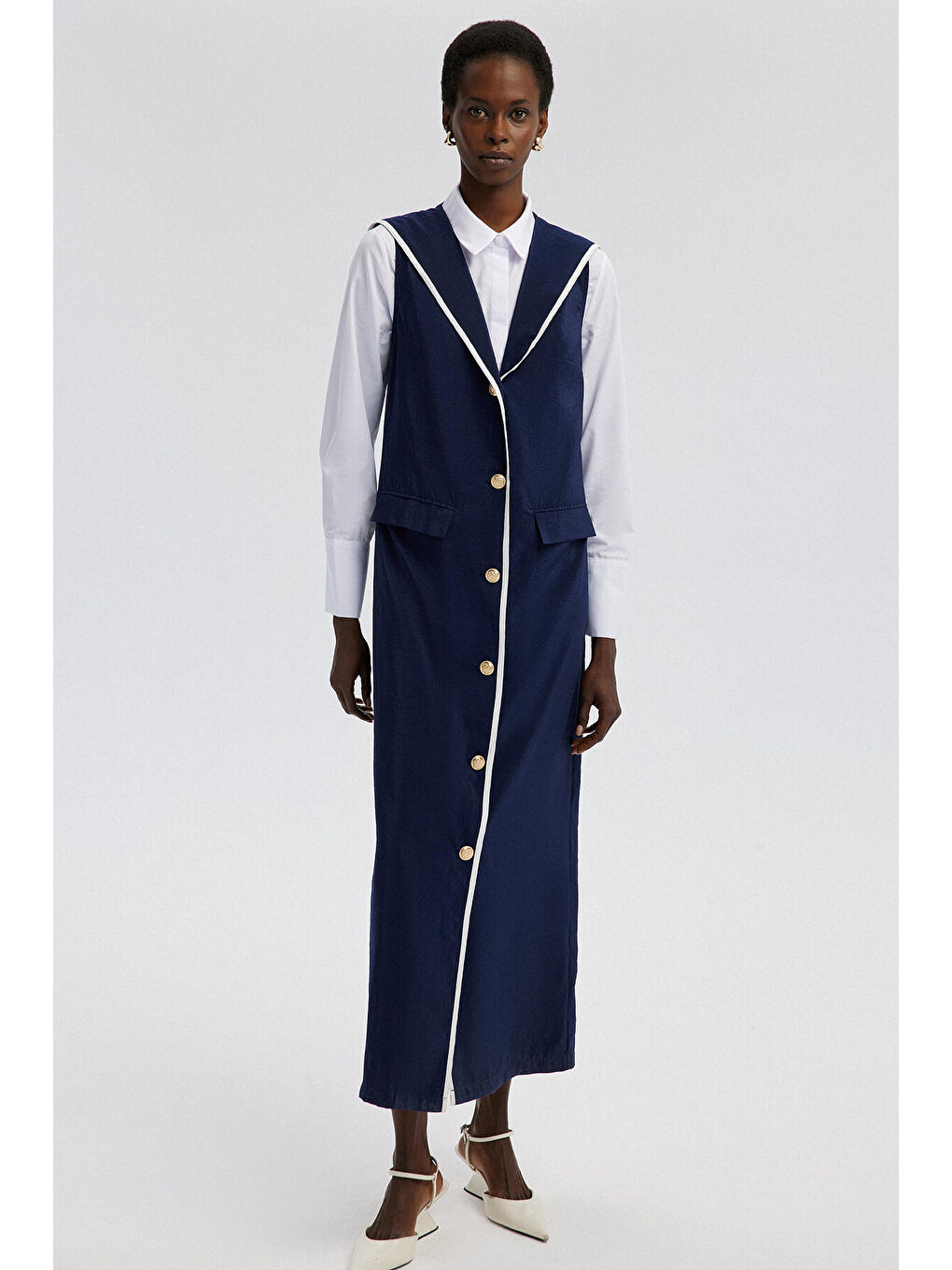 Lacivert Kruvaze Kolsuz Elbise-1