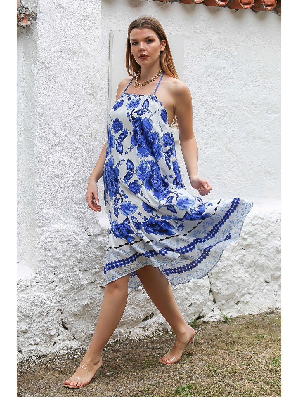 Lacivert-Beyaz Boyundan Bağlamalı Etek Ucu Fırfırlı Allover Baskılı Dokuma Casual Elbise-2