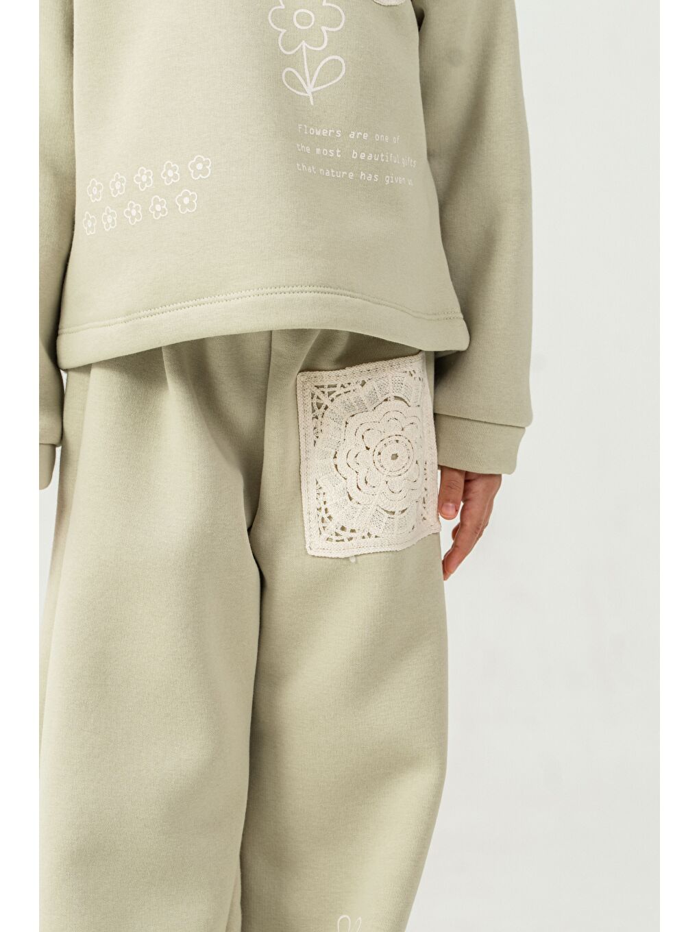 Yeşil Kız Çocuk 3 İplik Kumaş İspanyol Paça Eşofman Takımı-6