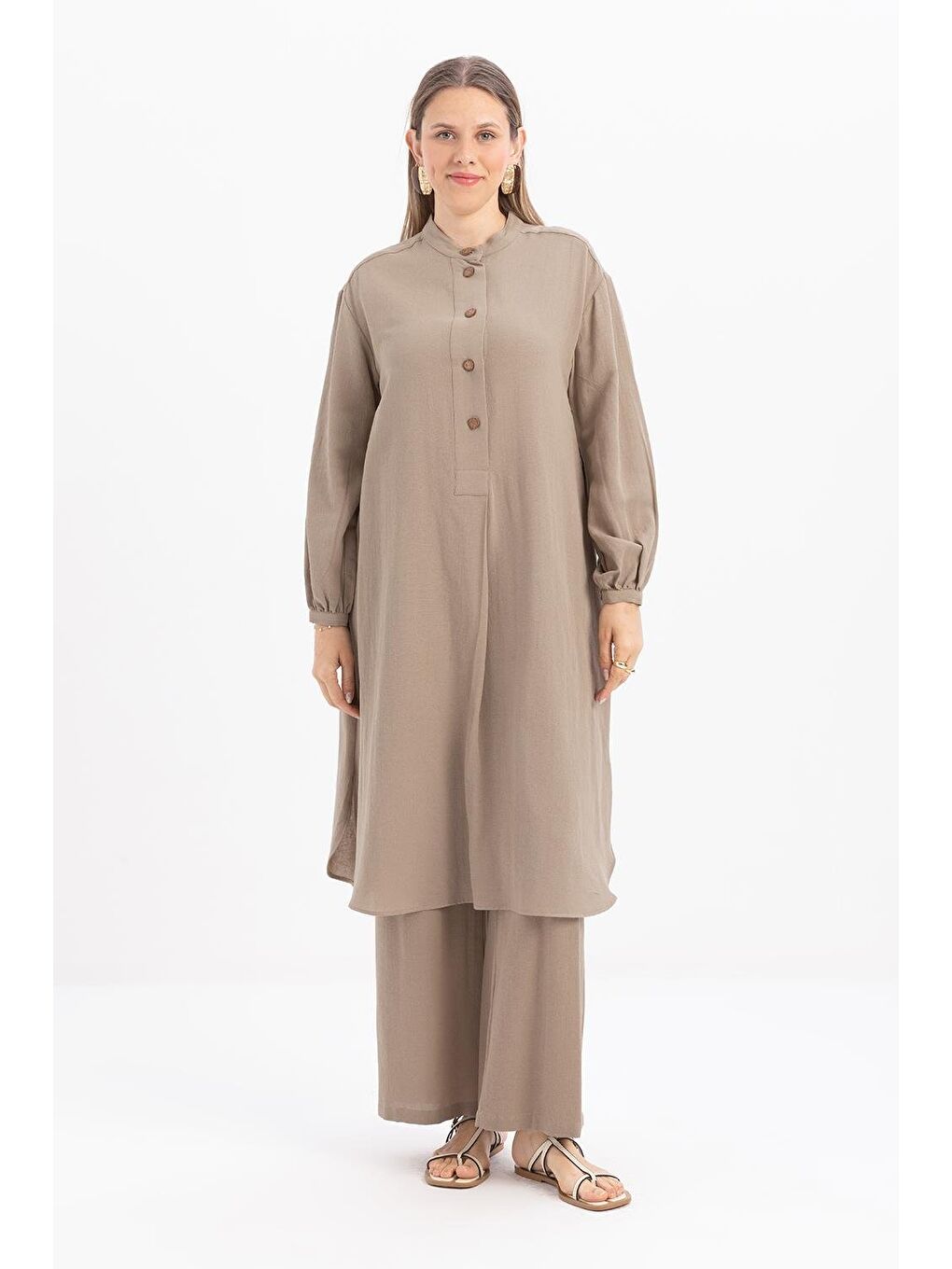 Bej Vizon-Yarım Patlı Yırtmaçlı Keten Tunik-1