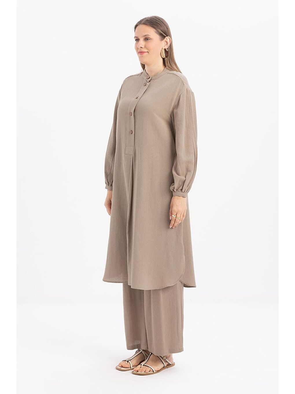 Bej Vizon-Yarım Patlı Yırtmaçlı Keten Tunik-2