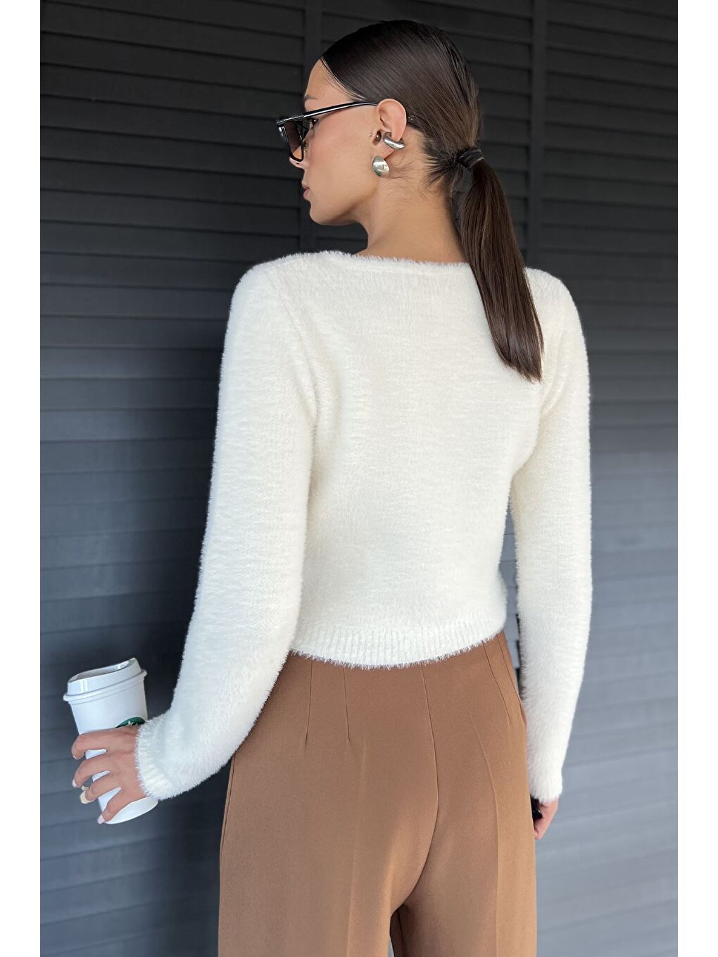 Ekru Şardonlu Kadın Crop Top Triko Hırka (s,m,l,xl Uyumludur)-3