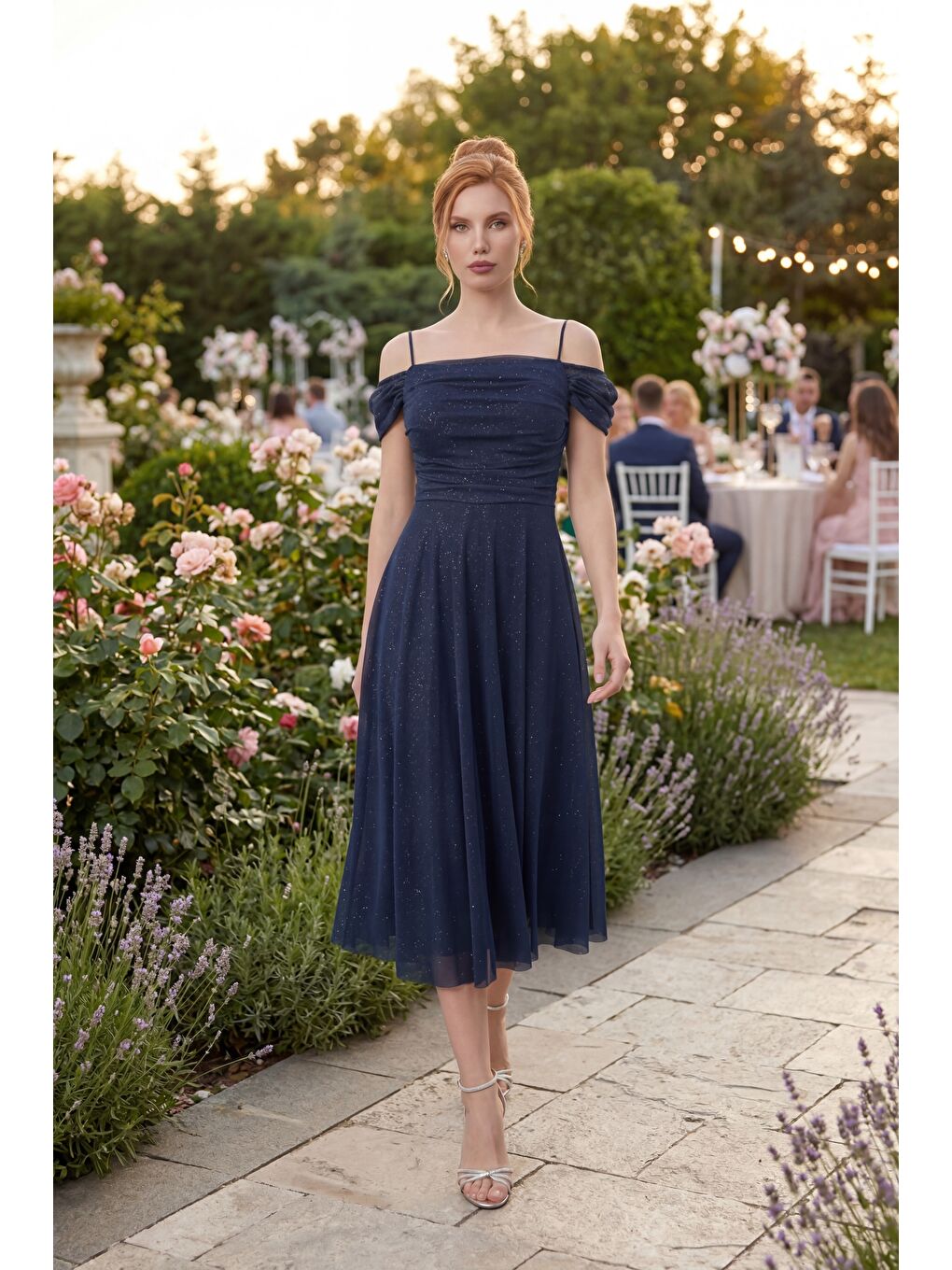 Kadın Lacivert İnce Askılı Simli Midi Söz Nişan Nikah Abiye Elbise-4