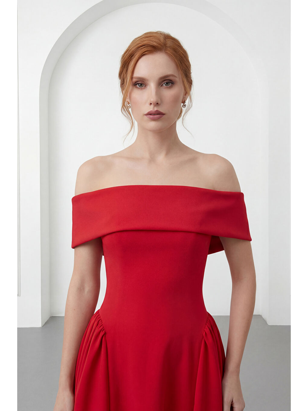 Kadın Kırmızı Kayık Yaka Midi Davet Elbisesi-2