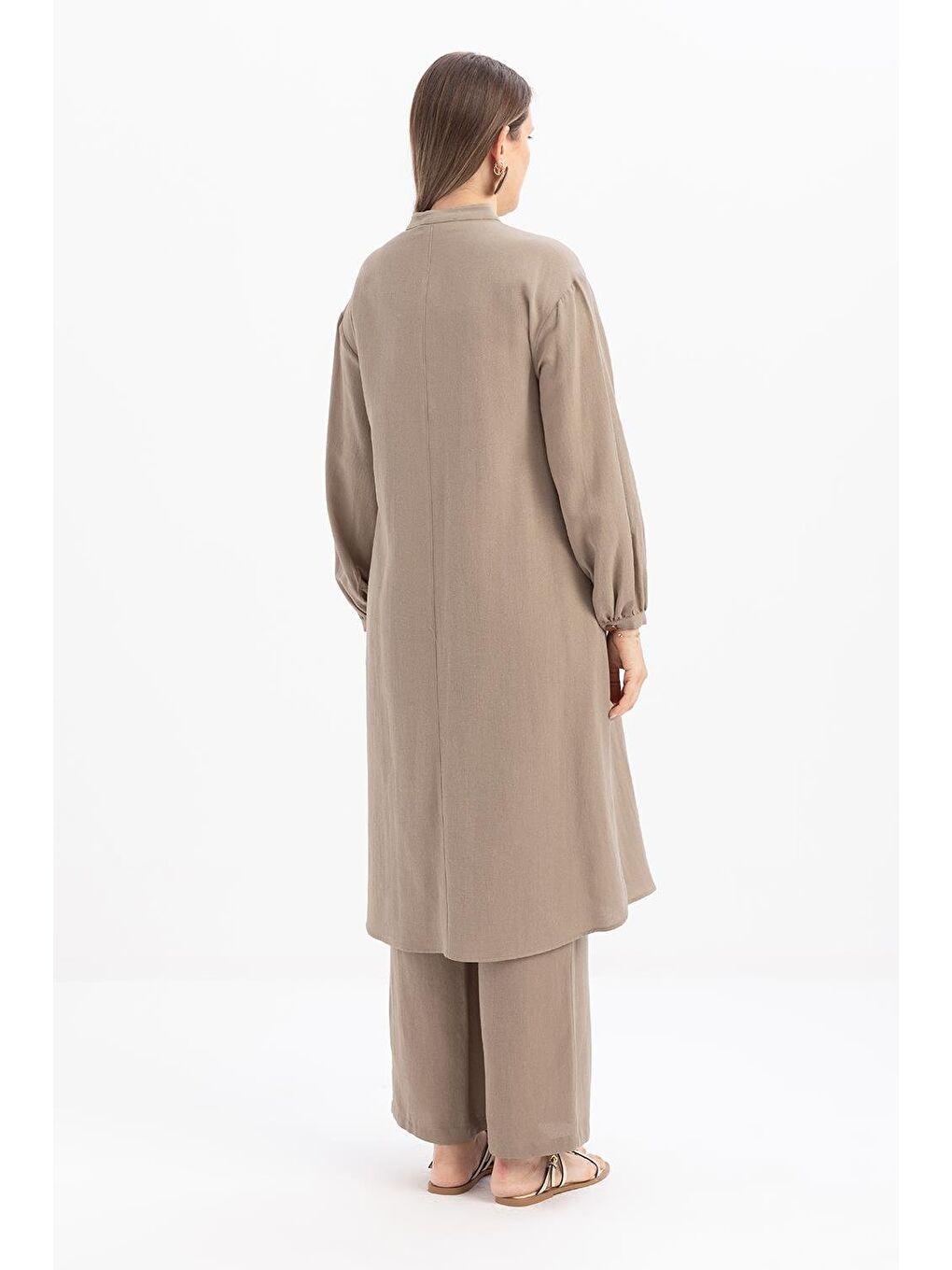 Bej Vizon-Yarım Patlı Yırtmaçlı Keten Tunik-3